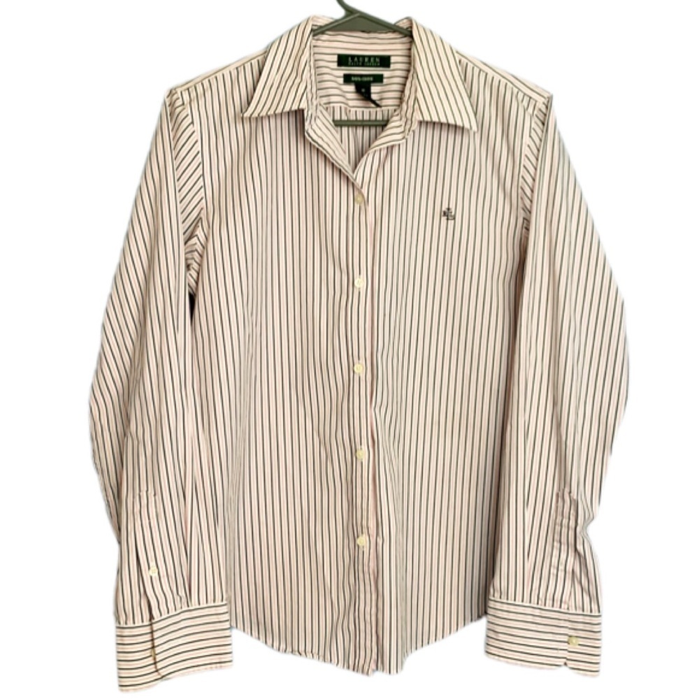 Lauren Ralph Lauren pink black pinstriped logo button down top 100% cotton Sz M